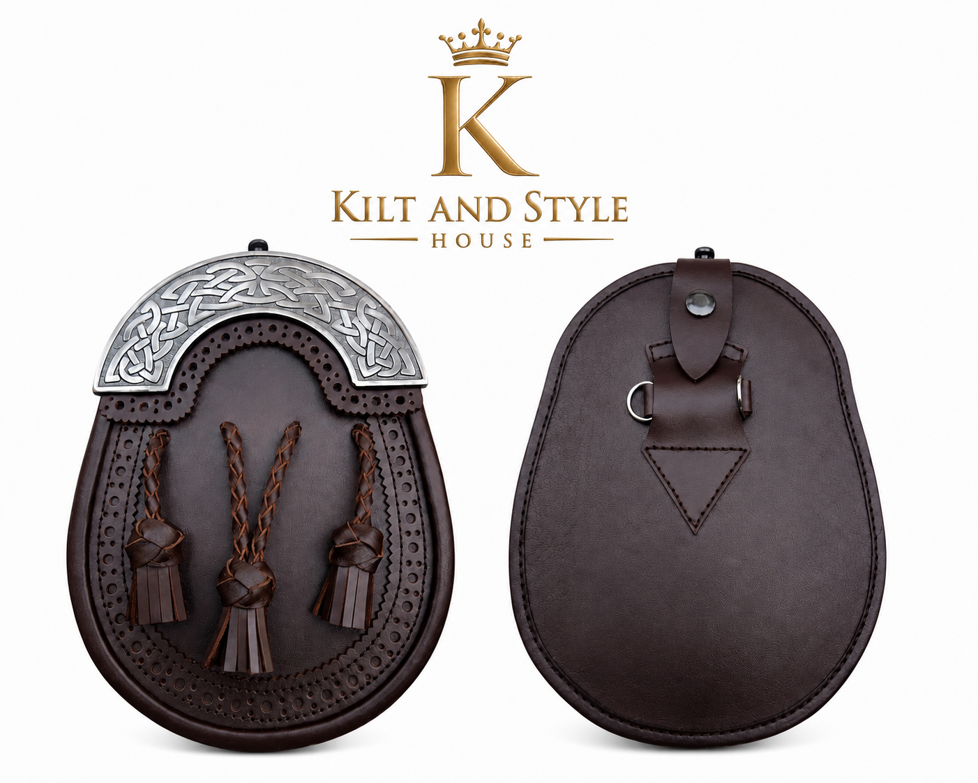 Full Dress Highland Kilt Sporran | Brown Leather Sporran with Celtic Cantle