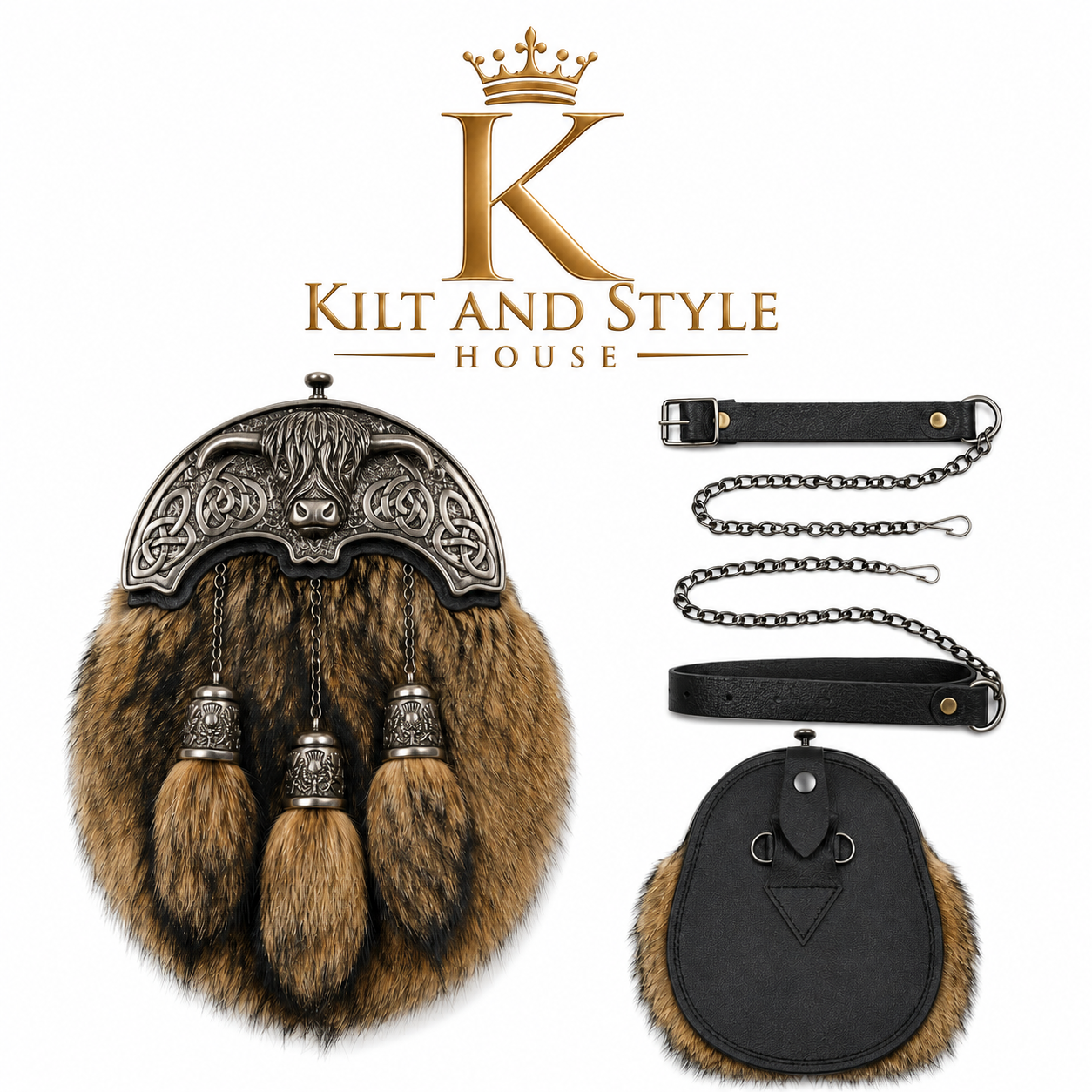 Fox Fur Kilt Dressed Sporran with Antique Finish Thistle Cantle and Chains